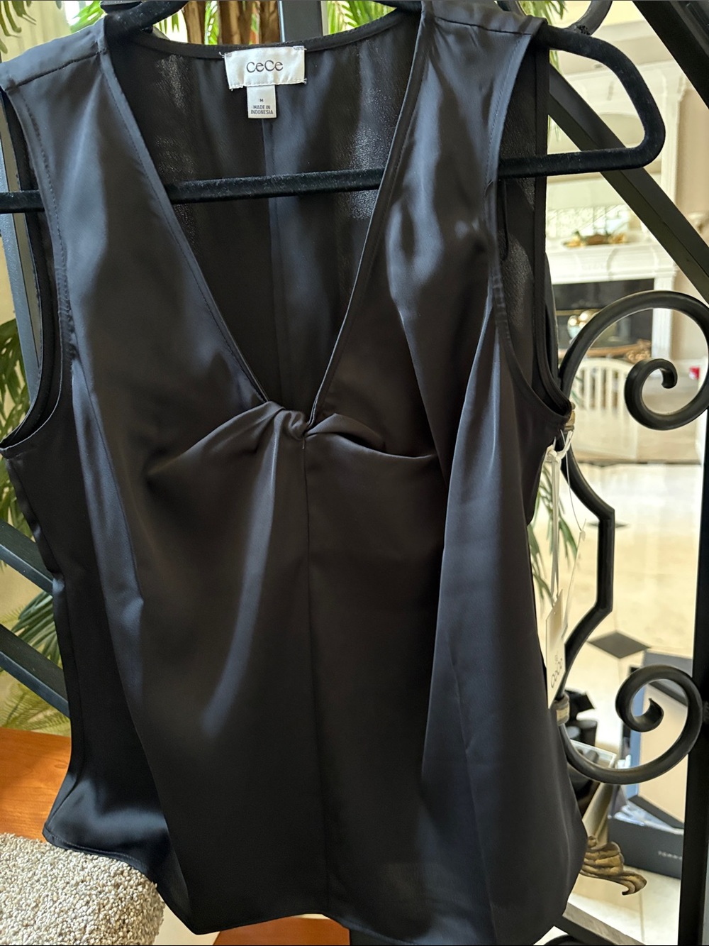 CeCe Black Satin V-Neck Sleeveless Chemise Top